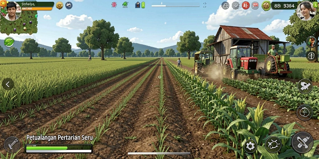 Tampilan gameplay <strong>8364</strong> yang menampilkan ladang penuh tanaman hijau.