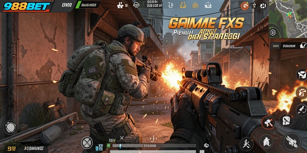 Screenshot utama 988BET menampilkan aksi seru pemain dalam gameplay FPS.