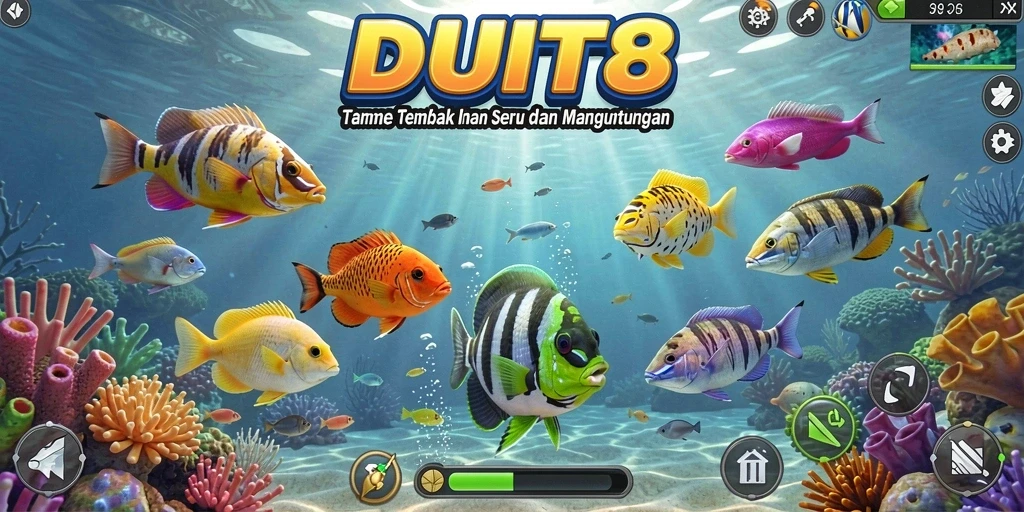 Tangkapan layar gameplay DUIT8 saat menembak ikan di laut.
