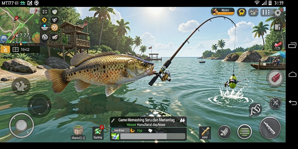 Tampilan gameplay <strong>MT777</strong> saat menangkap ikan di danau yang tenang.