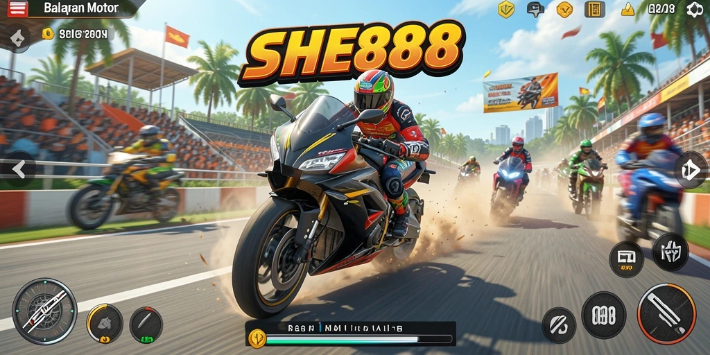 Screenshot gameplay SHE888 yang memukau dalam balapan motor.