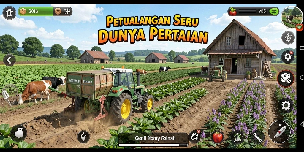 Tangkapan layar gameplay menampilkan aktivitas seru di ladang pertanian.