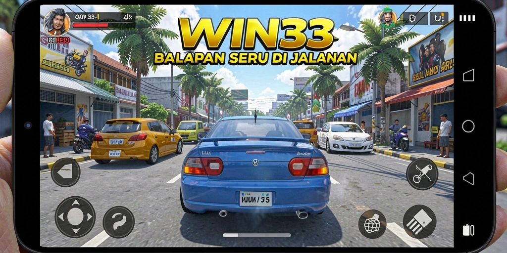 Gameplay seru dari WIN33 dengan mobil balap yang beraksi di lintasan.